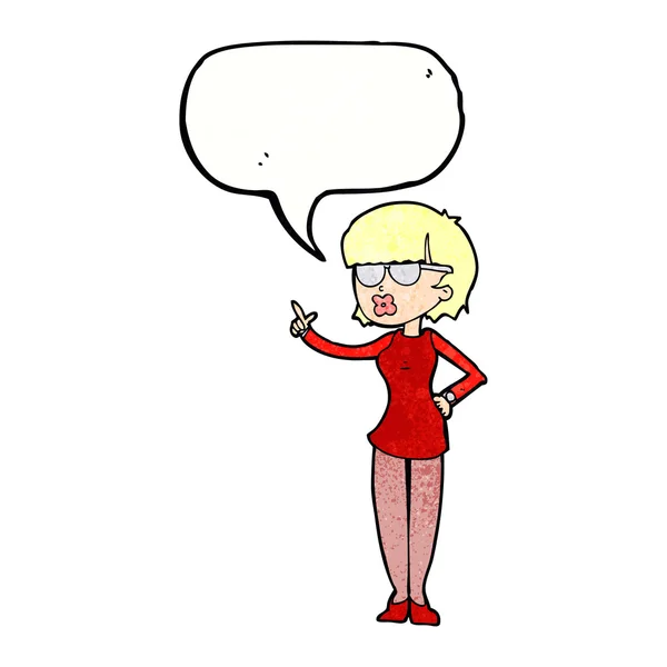 Karikatür konuşma balonu ile gözlük takan kadın — Stok Vektör
