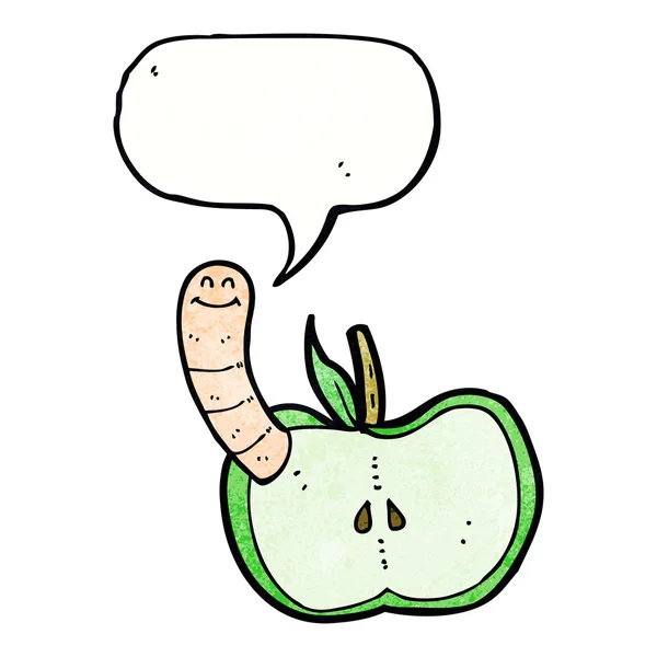 Pomme de dessin animé avec ver avec bulle de parole — Image vectorielle