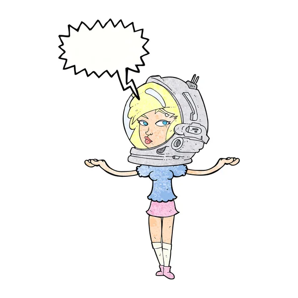 Cartoon woman wearing space helmet with speech bubble — Stock Vector