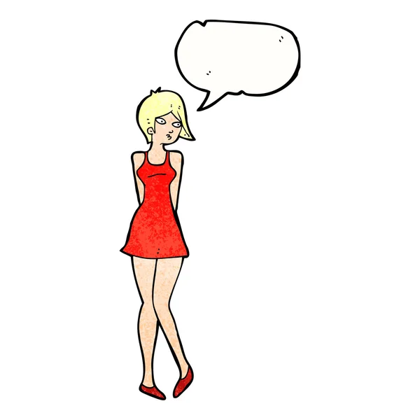 Cartone animato bella donna in abito con bolla discorso — Vettoriale Stock