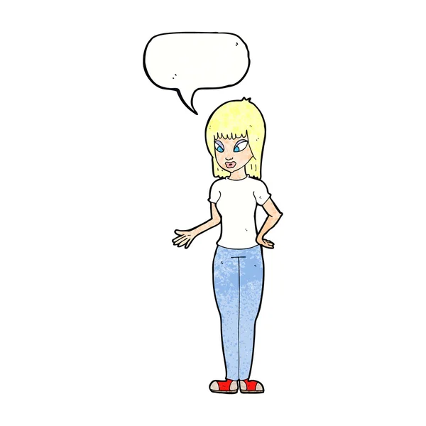Mujer de dibujos animados explicando con la burbuja del habla — Vector de stock