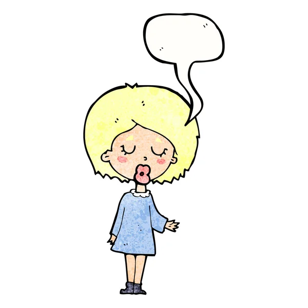 Cartoon mulher explicando seu ponto com bolha de fala — Vetor de Stock
