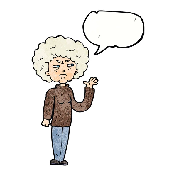 Cartoon annoyed old woman waving with speech bubble — Stock Vector