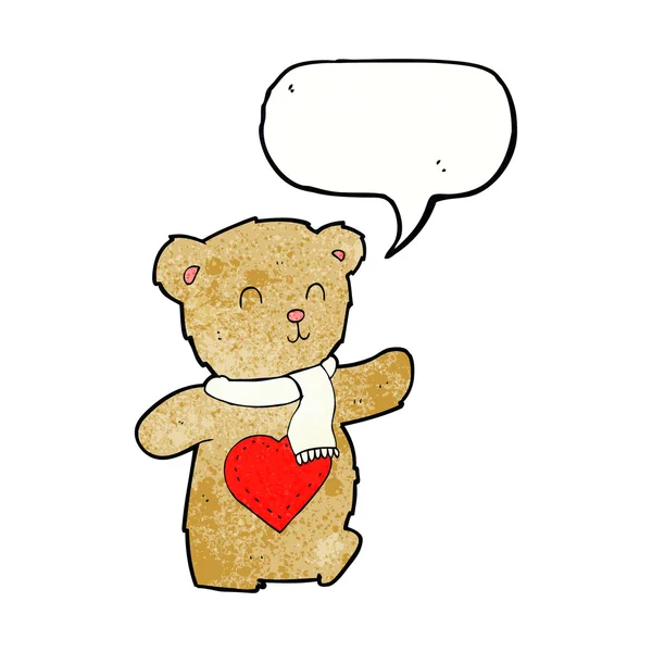 Cartoon teddy bear with love heart with speech bubble — Stock Vector