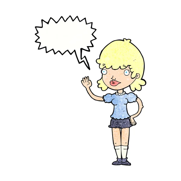 Cartoon waving woman with speech bubble — Stock Vector