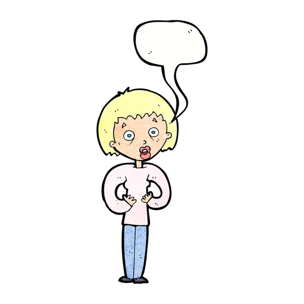 Mujer de dibujos animados gestos en uno mismo con la burbuja del habla — Archivo Imágenes Vectoriales