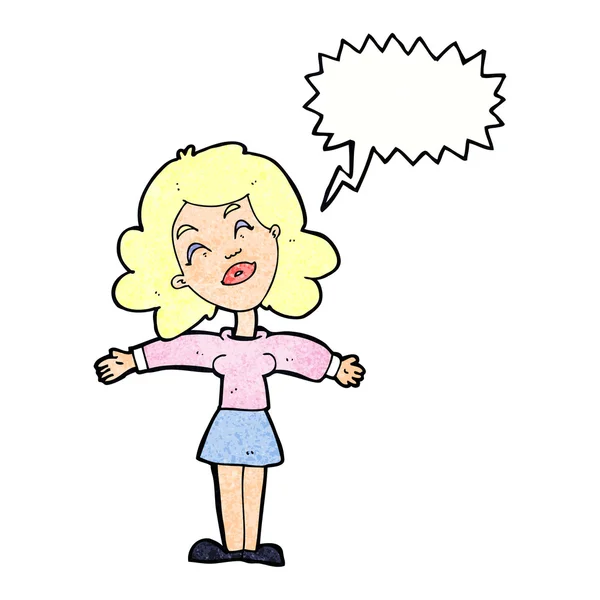 Fumetto donna a braccia aperte con bolla discorso — Vettoriale Stock