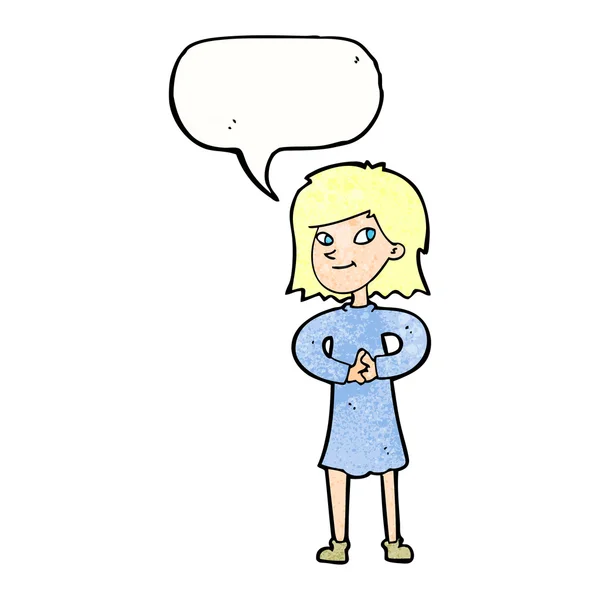 Desenho animado mulher feliz com bolha de fala — Vetor de Stock