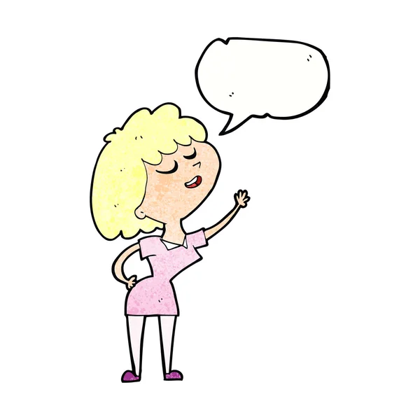 Karikatur einer glücklichen Frau, die mit Sprechblase spricht — Stockvektor