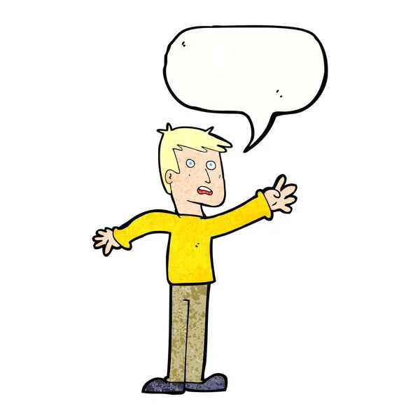 Cartoon worried man reaching with speech bubble — Stock Vector