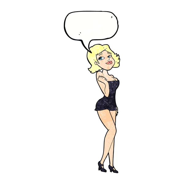 Cartone animato donna attraente in abito corto con bolla discorso — Vettoriale Stock