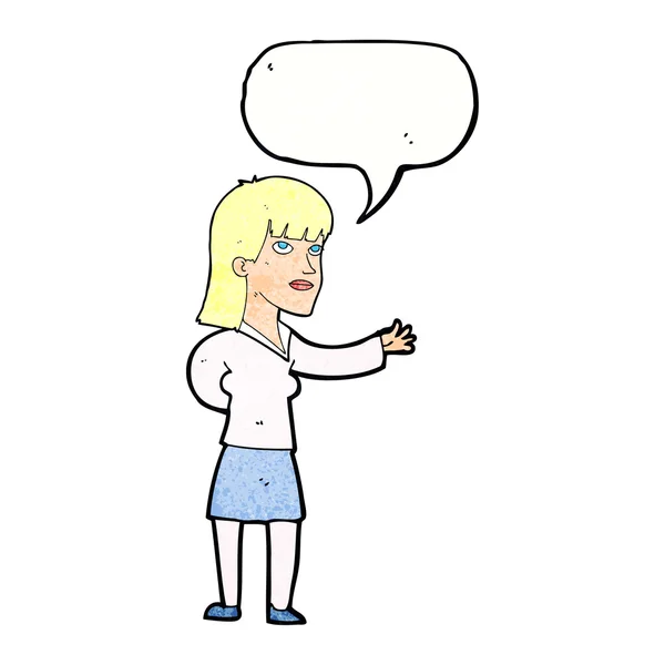 Cartoon woman explaining with speech bubble — Stock Vector