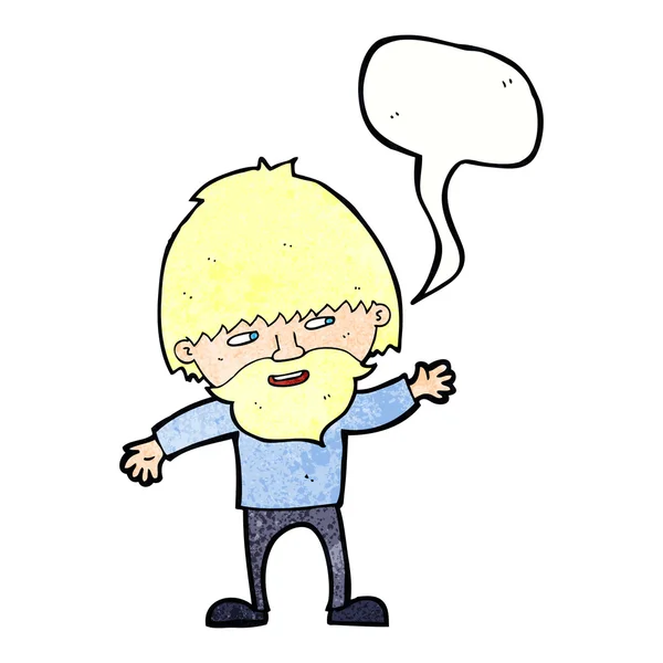 Dibujos animados hombre barbudo feliz ondeando con burbuja del habla — Vector de stock