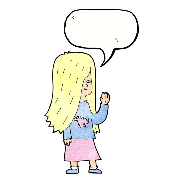 Cartoon girl with pony shirt waving with speech bubble — Stock Vector