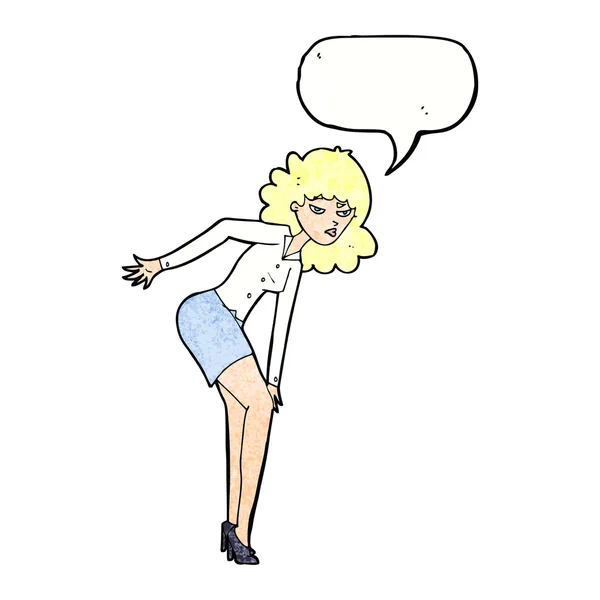 Cartoon irriterad kvinna gnugga knä med pratbubblan — Stock vektor