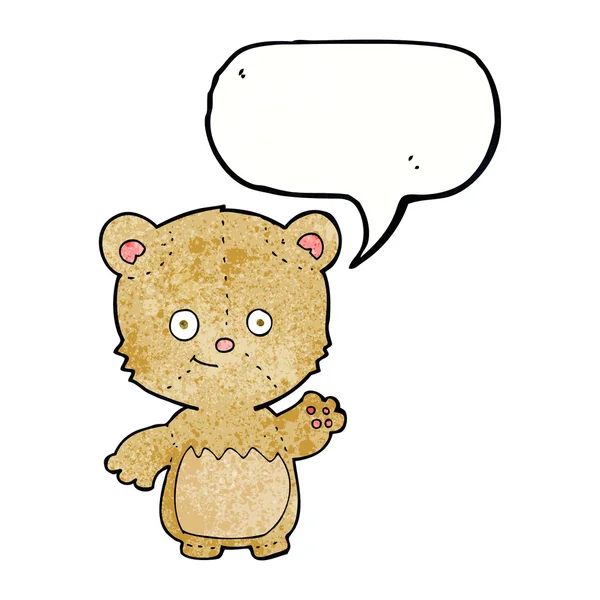 Tekenfilm kleine teddybeer zwaaien met spraakzeepbel — Stockvector