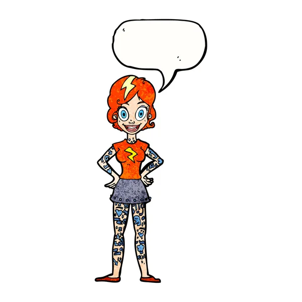 Cartoon vrouw met zware tatoeages met spraakbel — Stockvector