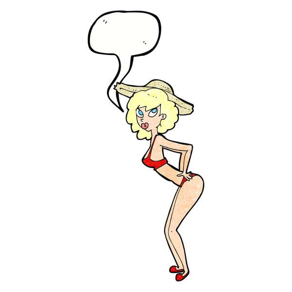 Cartoon pin-up menina de praia com bolha de fala — Vetor de Stock