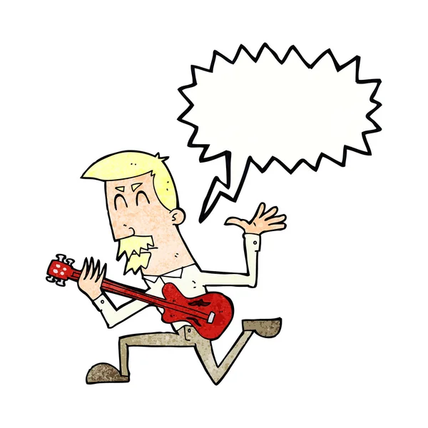 Cartoon man playing electric guitar with speech bubble — Stock Vector