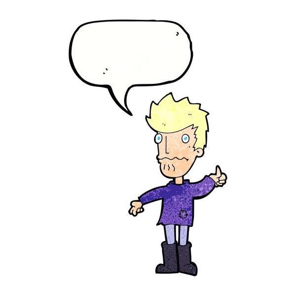 Cartone animato preoccupato uomo dando pollici simbolo con bolla discorso — Vettoriale Stock