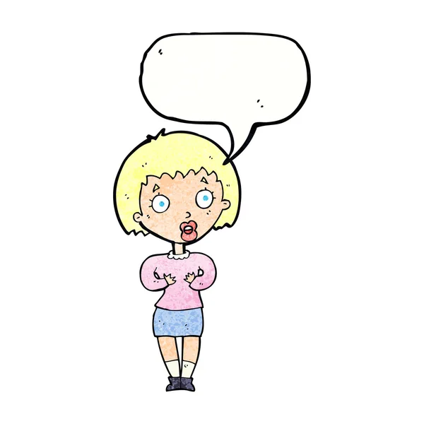 Cartoon woman making Who Me? gesture with speech bubble — Stock Vector