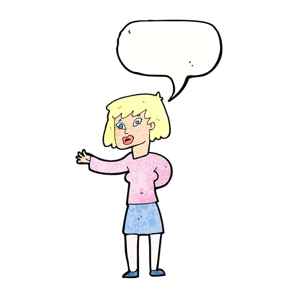 Cartoon woman explaining with speech bubble — Stock Vector