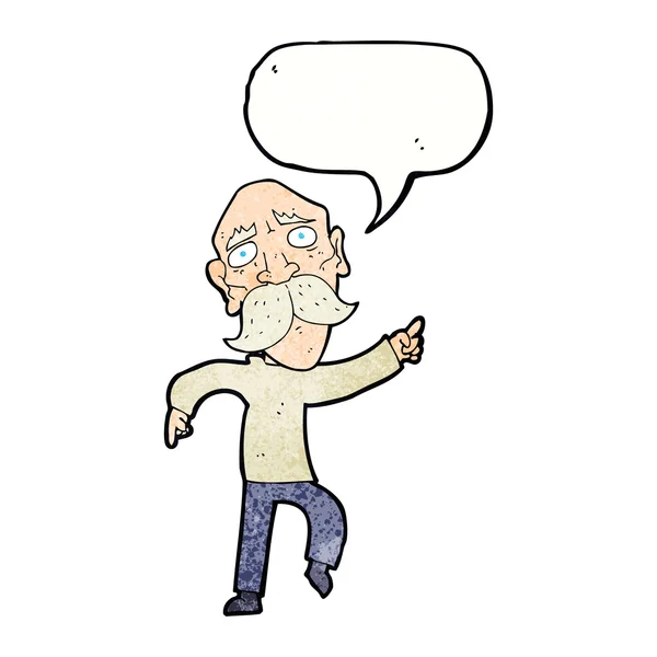 Karikatur trauriger alter Mann zeigt mit Sprechblase — Stockvektor