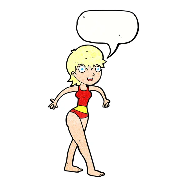 Karikatür mutlu kadın Yüzme kostüm ile konuşma balonu — Stok Vektör