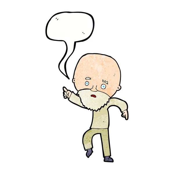 Cartone animato preoccupato vecchio che punta con la bolla discorso — Vettoriale Stock