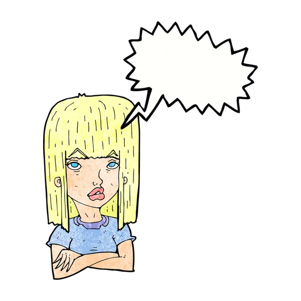 Fille de dessin animé avec bras croisés avec bulle de parole — Image vectorielle