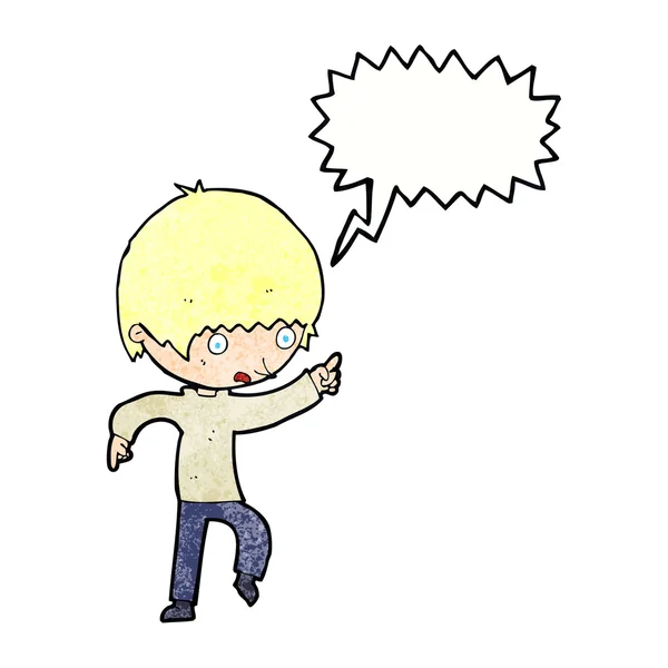 Dibujos animados niño preocupado señalando con la burbuja del habla — Vector de stock