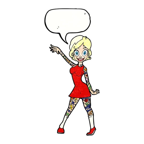Mujer de dibujos animados con tatuajes con burbuja del habla — Vector de stock