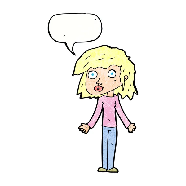 Cartoon menina encolhendo ombros com bolha de fala — Vetor de Stock