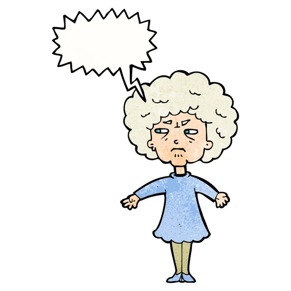 Cartoon bitter old woman with speech bubble — Stock Vector