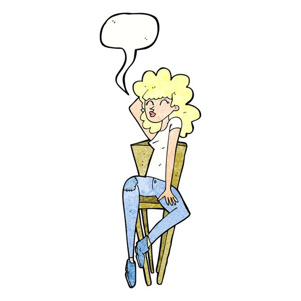 Mujer de dibujos animados posando en silla con burbuja de habla — Vector de stock