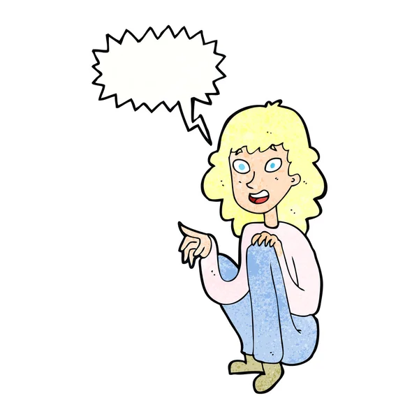 Καρτούν ευτυχισμένη γυναίκα κάθεται και δείχνει με φούσκα ομιλία — Διανυσματικό Αρχείο