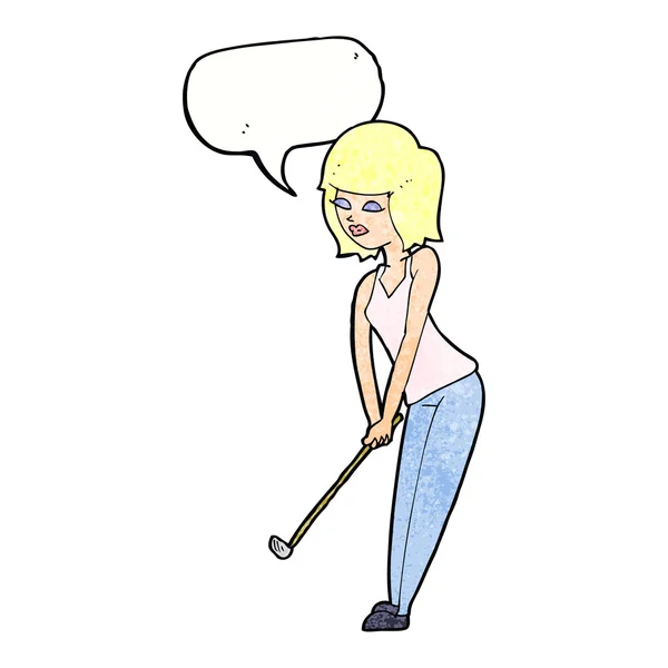 Cartoon vrouw golfen met tekstballon — Stockvector