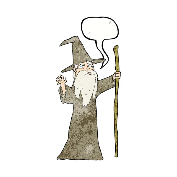 Cartoon oude tovenaar met spraakbel — Stockvector