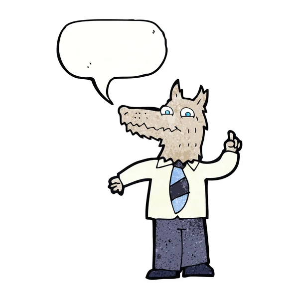 Cartoon Business Wolf mit Idee mit Sprechblase — Stockvektor