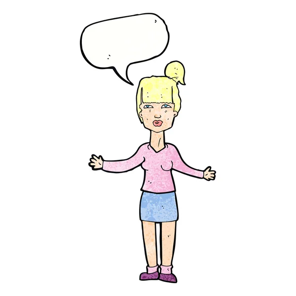 Cartoon woman shrugging shoulders with speech bubble — Stock Vector