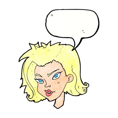 Konuşma baloncuklu bir kadın yüzü.