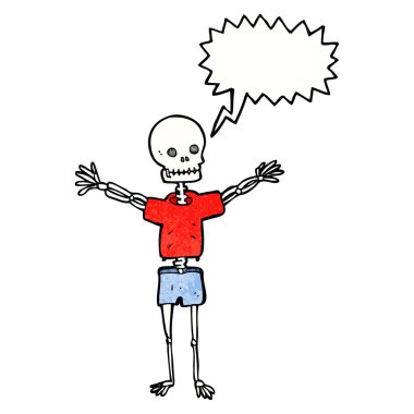 Konuşma baloncuklu kıyafet içinde bir karikatür iskeleti