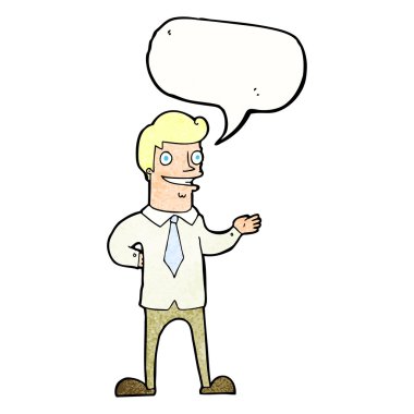 Konuşma balonu olan çizgi film satıcısı.