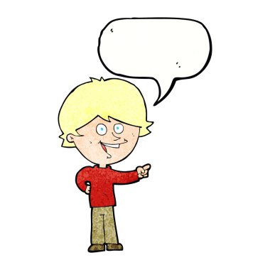 Çizgi filmci çocuk gülüyor ve konuşma balonuyla işaret ediyor.