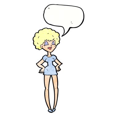 Kalçasında konuşma balonu olan mutlu kadın çizgi filmi.