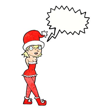 Karikatür kadını, noel elf kostümü ve konuşma balonu.