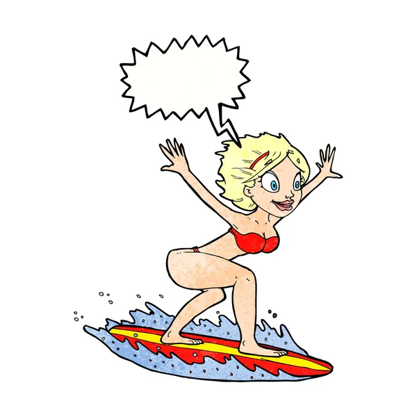 Cartoon surfer meisje met spraak zeepbel — Stockvector