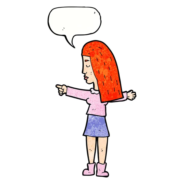 Cartoon woman pointing with speech bubble — Stock Vector