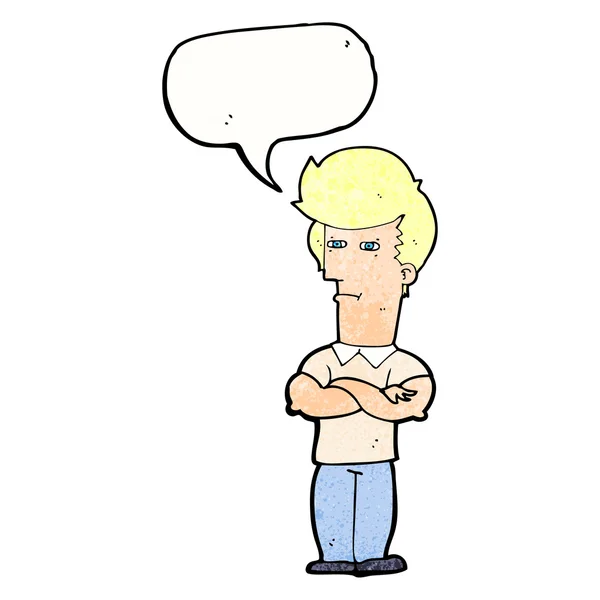 Uomo dei cartoni animati con braccia piegate con bolla vocale — Vettoriale Stock
