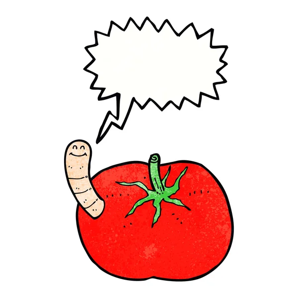 Мультяшный помидор с червяком и речевым пузырем — стоковый вектор